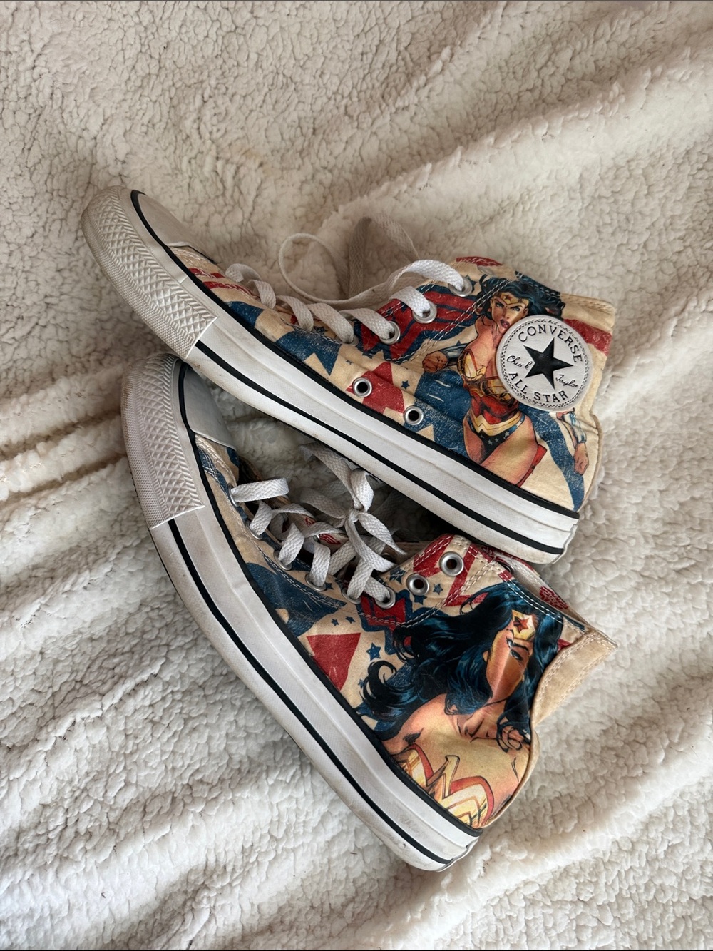 Converse High Top Sneakers in Red, Blue and Cream with Wonder Woman Artwork